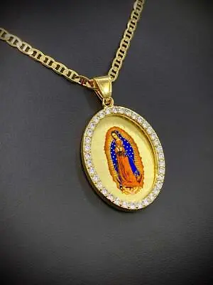 14K Gold Filled Virgen De Guadalupe Necklace Enamel Picture Charm Mariner Chain • $44.99