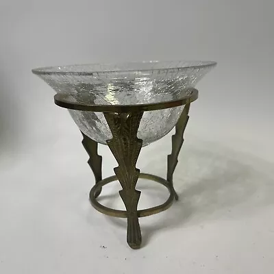 Vintage Brass Rose 3 Footed Stand Crackle Glass Bowl Candle Plant Vase Holder  • $39.95