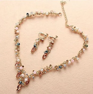 Women Slim Beige Crystal Pink Bead Gold Color Dress Necklace Earrings Clips Set • $23.40