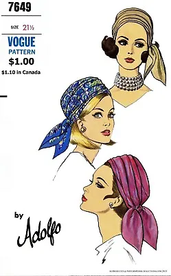 Vogue # 7649 Designer ADOLFO Scarf Hat Cap Fabric Sewing Pattern Chemo Alopecia  • $5.49