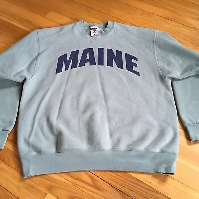 VTG 90s Crew Neck Sweatshirt MAINE Screen Print Sage Green L Heavy Cotton • $31.99