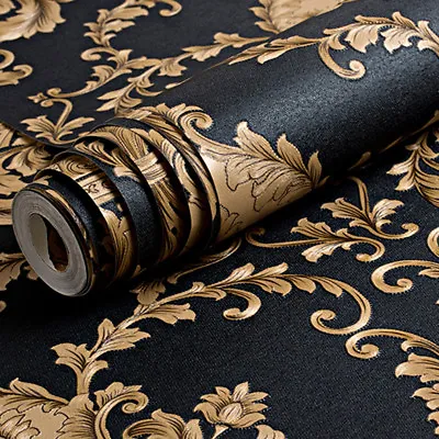 Black Gold Damask Wallpaper For Living Room Vintage Embossed Bedroom Wall Paper • £10.90