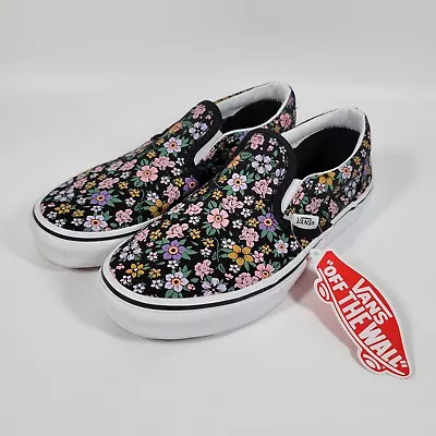 NEW VANS Classic Juniors Slip On Shoes Sz 3 Kids Youth Black White Fun Floral • £32.14