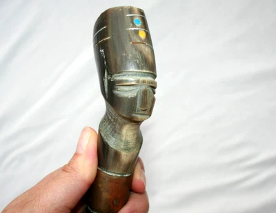 $295 • Buy Antique 1912 Pharaoh Cane Carved Horn Egyptian Revival Walking Stick King Tut