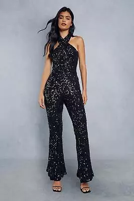 MISSPAP Sequin Halter Neck Cowl Back Flared Leg Jumpsuit • £32