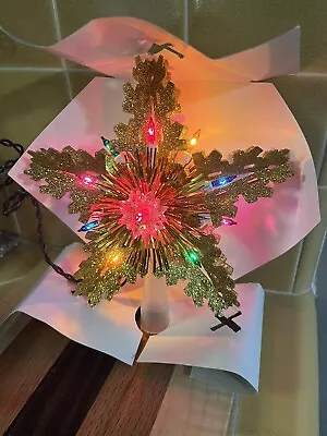 VINTAGE Diamond STAR CHRISTMAS TREE TOPPER Gold TINSEL 11 Multi Color Lights • $16.99