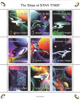 Grenada 1999 - Star Trek Ships - Sheet Of 9 Stamps Gold Logo Scott #2886 - MNH • $6.85
