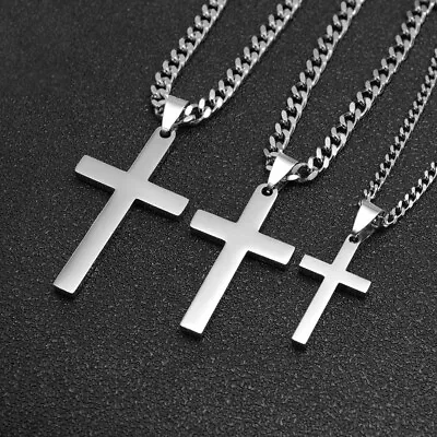 Cross Pendant Necklace For Men Women Boy Stainless Steel Cuban Curb Chain Gfit • $9.99