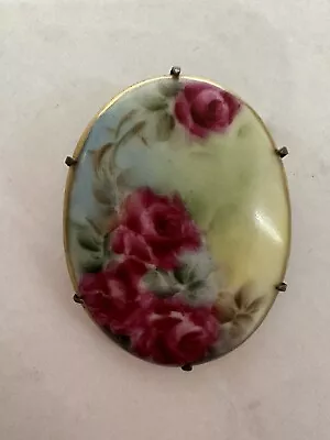 Victorian Porcelain Hand Painted Flowers Brass Brooch W/C Clasp • $25