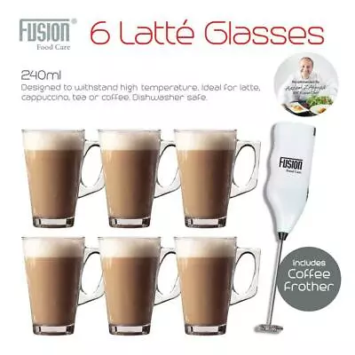 6 TALL LATTE GLASSES COFFEE MUG GLASS CHOCOLATE CAPPUCCINO DRINK 240ml & FROTHER • £10.95