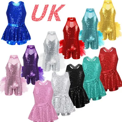 UK Kids Girls Jazz Ballet Dance Dress Shiny Sequins Leotard Performance Costume • £17.66