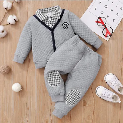 Newborn Baby Boy Clothes Outfit Button Long Sleeve Romper Jumpsuit Pants Set • £13.99