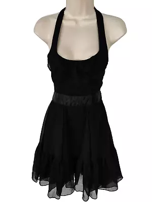 Miss Selfridge Uk 6 Black Halterneck Frill Low Cut Mini Occasion Party Dress • £11.99