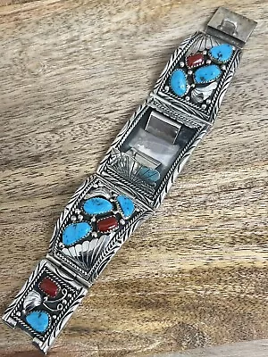 Spectacular Men’s Ba Navajo Sterling Silver Turquoise Coral Watch Band Bracelet • $899.99