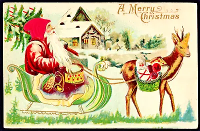 $15.95 • Buy Silk Santa Claus In Sled~Reindeer~ Snow~Antique Embossed Christmas Postcard~d810
