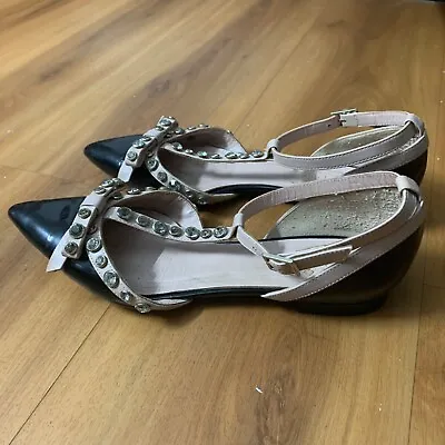 KATE SPADE NY 6.5M Black/Nude BECCA Patent Leather T-Strap Flat With Rhinestones • $29.99