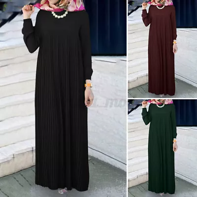 Muslim Dubai Womens Puff Sleeve Pleated Elegant Baggy Prom Gown Abaya Maxi Dress • £19.93