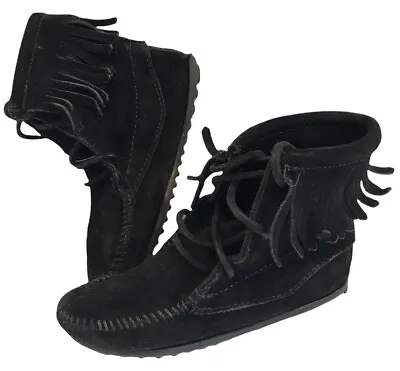 Kids Black Suede Minnetonka Moccasin Hightop All Leather Fringe Boots Kids Sz 12 • £11.52