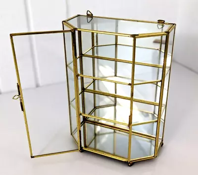 VTG Brass & Glass Display Curio Cabinet 3 Shelves 9.25  Mirror Back Hinged Door • $85