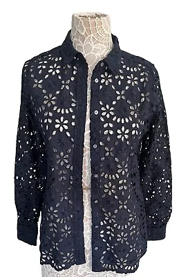 J.CREW Button-up Shirt Embroidered Eyelet In Navy Size 10 GREAT Condition • $12