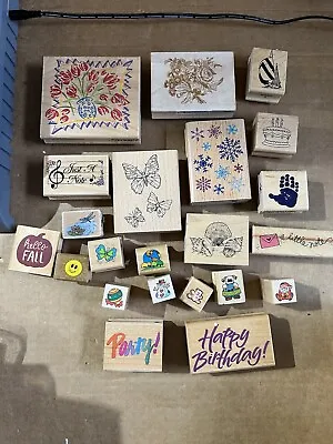 Vtg Lot Of 22 Wood Mounted Rubber Stamps Birthday Butterfly Music Notes Hand Pri • $14