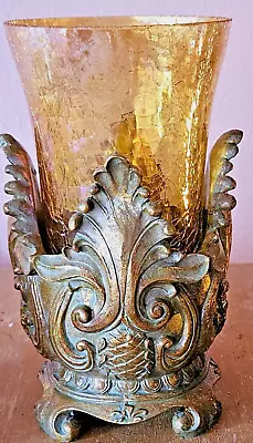 Outstanding Amber Hand Blown Crackle Glass Yankee Candle Holder Gothic Pedestal • £27.96