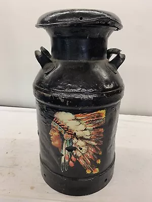 Vintage 5 Gallon Milk Can Painted Black W/ Coin Slot Lid - Indian Chief Decals • $40