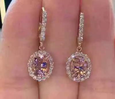 4.20Ct Oval Cut Lab Created Morganite Drop Dangle Earrings 14K Rose Gold Plated • $74.99