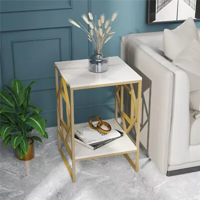 Modern Geometry Metal Base Accent Table Marble Top End Snack Side Table 2 Tiers • $65.95