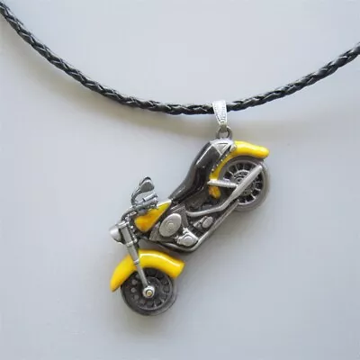 Vintage Yellow Enamel Motorcycle Rhinestone Spinner Pendant Leather Necklace • $12.80