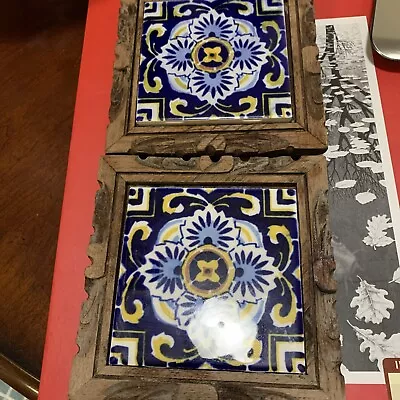 Vintage Mexican Tile Trivet Hand Carved Wood Frame Blue/Yellow/white  Set Of 2 • $24.95