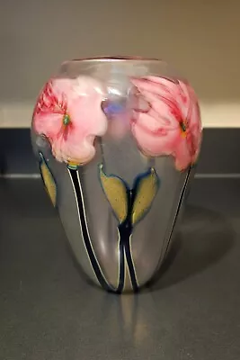 CHARLES LOTTON Multi Flora 7.5 In. Art Glass Vase 1983 Signed Dated IRIDESCENT • $1200