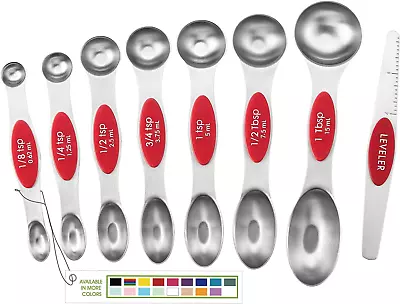Magnetic Measuring Spoon Set Of 8 Dual Sided Stainless Steel Red • $16.54