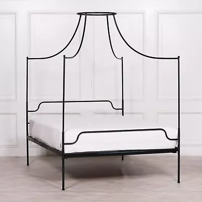 Canopy French Style Four Poster Black Iron Metal Double Size 4ft6 Bed With Slats • £740