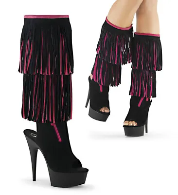 Pleaser Delight-2059TT Exotic Pole Pink & Black Fringe Ankle Platform Boots US7 • $31.75