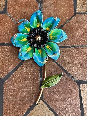 Vintage Flower Brooch  Painted Gold Tone Metal 60s 70s Garden Large Burst Retro • $8.95