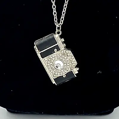 Vintage Style Camera Pendant Silver Tone Necklace With Rhinstones • $18