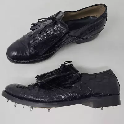 Vintage Black Full Crocodile Leather Kiltie Metal Spike Golf Shoe Mens 8 4  Wide • $80