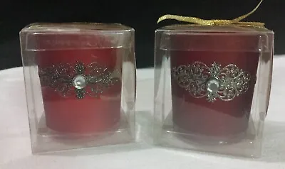 Lot/ 2 Frosted Glass Ornate Filigree Bling Tealight Candle Holder Frosted Red • $6.99