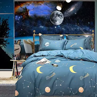 Galaxy Space Bedding Sets 100% Cotton Kids Full Size Blue Universe Stars Moon Zi • $99.06