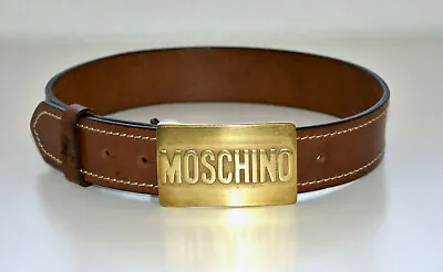 MOSCHINO JEANS VINTAGE 90's Brown Leather Brass Logo Buckle Belt Small 75 • $350