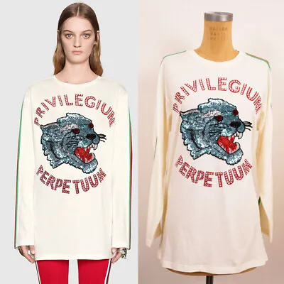 $1026.13 • Buy XXS NEW $1,500 GUCCI Ivory Cotton Sequin Cat Head Web Trim Oversize T-Shirt Top