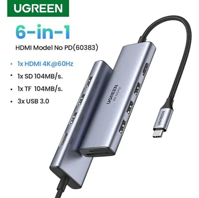$59.95 • Buy Ugreen 6 In 1 USB-C HUB Adapter To USB 3.0 HDMI 4K 60Hz For Laptop Mac Dell