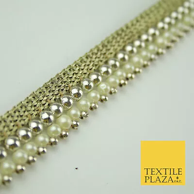 £3.50 • Buy White Gold Triple Chrome Sphere Pearl Beaded Ribbon Trim Border Indian Lace X324