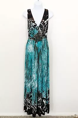 R&M Richards Abstract Print Maxi Dress 8 Slinky Knit Fit Flare Sleeveless Tall • $24.99