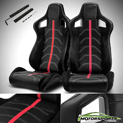 Black/Red Reclinable PVC Suede And Line Left/Right Sport Racing Seats W/Slider • $276.98