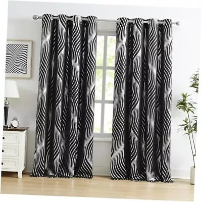 Fullout Curtains With Silver Metallic Wave Print84 Inches Long 52 X84 X2 Black • $52.78
