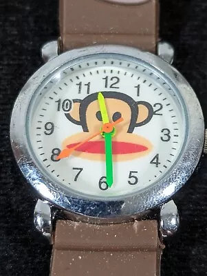 Kids Monkey Silver Tone Round Case Brown Silicone Band Watch 6.5 Inch • $13.99