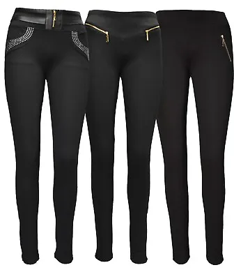 Womens Black Pull On Trousers Skinny Zip Leggings Stretchy Jegging • £8.99