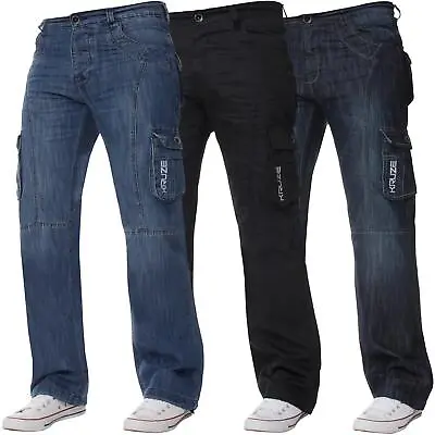 Kruze Mens Cargo Combat Jeans Heavy Duty Denim Trouser Work Pants All UK Sizes • $26.12